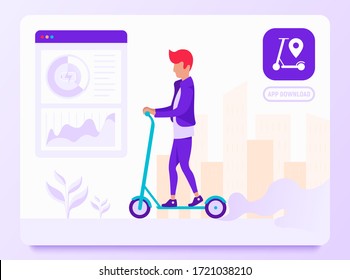 Man using electric scooter concept. Web page template in flat style: sharing service, parking, eco transport, pointer. Modern vector illustration.