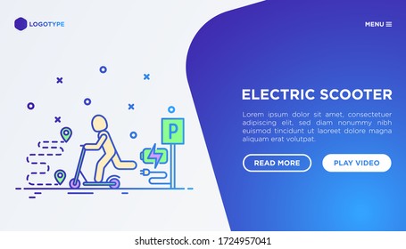 Man using electric scooter concept. Web page template with thin line icons: sharing service, parking, helmet, eco transport, pointer. Modern vector illustration.