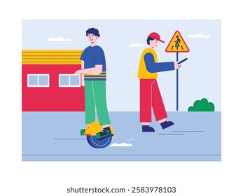 Man using electric unicycle for alternative commute, city people on lifestyle. Character design. Vector flat illustration