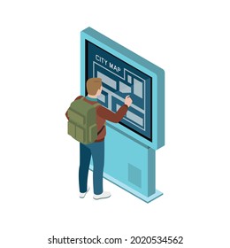 Man using electronic city map with touch screen interface 3d isometric vector illustration