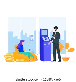 Man using electronic self service payment terminal, people carrying out operations with terminal vector Illustration. On background city, coins, money tree.girl with a laptop is sitting on the pouf