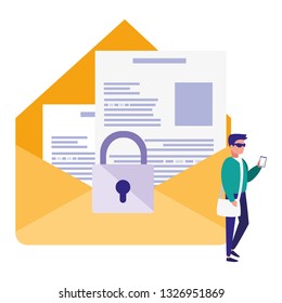 man using envelope mail with padlock