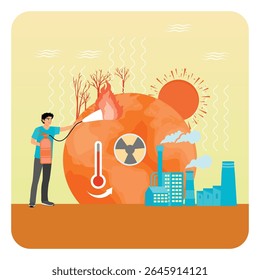 Homem usando um extintor em uma Terra em chamas. Esforço humano para combater as mudanças climáticas contra desafios como poluição, aumento de temperaturas e atividade industrial. O conceito de alterações climáticas.