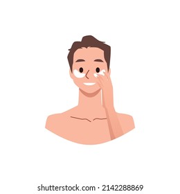 Man using eye patches as step of skincare routine, flat vector illustration isolated on white background. Concepts of self care and cosmetology.