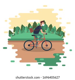 man using face mask in bicycle vector illustration design