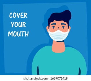 man using face mask with cover your mouth lettering vector illustration design