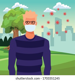 hombre que usa máscara facial para covid19 en el diseño de ilustración del vector del parque