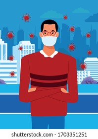 man using face mask for covid19 on the city vector illustration design