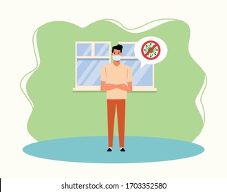 man using face mask for covid19 in the house vector illustration design