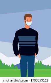 man using face mask for covid19 on the park vector illustration design