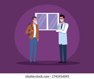 man using face mask for covid19 with doctor vector illustration design
