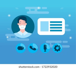 man using face mask in education online vector illustration design