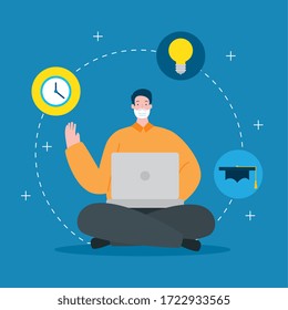 man using face mask in education online with laptop vector illustration design