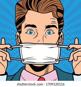man using face mask fot covid19 pop art style vector illustration