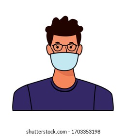 man using face mask and glasses for covid19 character vector illustration design