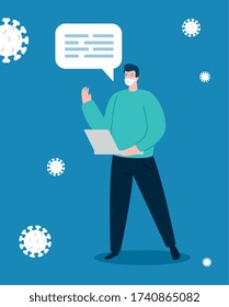 man using face mask with laptop and particles 2019 ncov vector illustration design