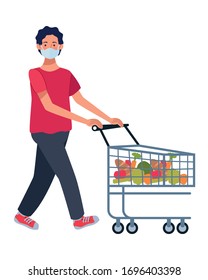 man using face mask with shopping cart in supermarket vector illustration design