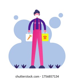 hombre usando máscara facial con bolsas de compra en el diseño de ilustración vectorial de supermercado