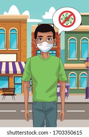 man using face mask with stop covid19 in the street vector illustration design