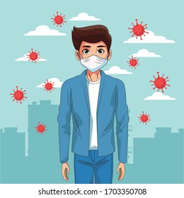 man using face mask in the street vector illustration design