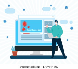 man using face mask studying online in desktop computer vector illustration design
