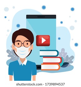 man using face mask studying online with smartphone vector illustration design