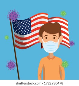 man using face mask and usa flag covid19 pandemic vector illustration design