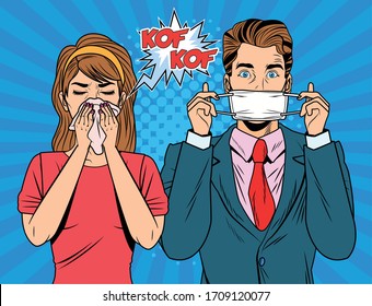 man using face mask and woman sick covid19 pop art style vector illustration