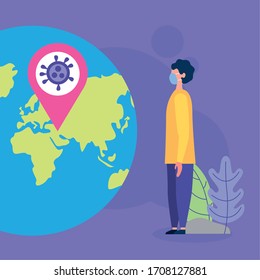 man using face masks with covid19 particle in earth planet vector illustration design