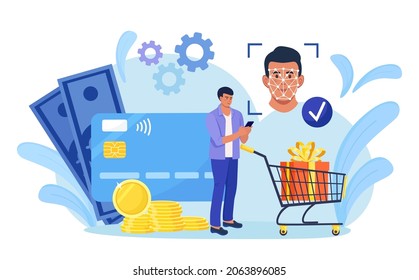 Man using face recognition technology for payment. Person use facial Biometric Identification application to login to system to buy. Smartphone id security system. Client shopping online