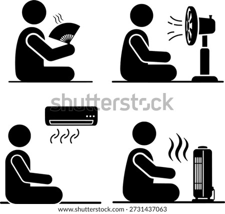 Man Using Fan, Air Conditioner, and Electric Fan to Beat the Heat Vector Icons