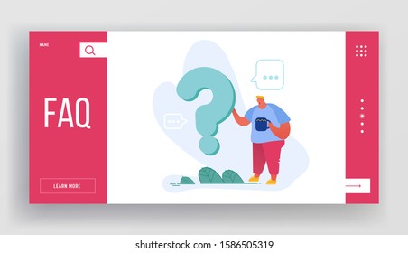 Mann, der die FAQ-Service-Website Landing Page nutzt. Ein aufmerksamer Mann steht in der Nähe einer riesigen Fragezeichen mit Pokal Kaffee in Hand Denken oder Suche Lösung Webpage Banner. Cartoon-Flache Vektorgrafik