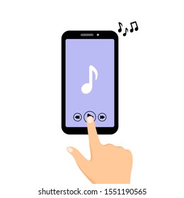 Man using finger looking for the favorite music on mobile phone. Listening to music on smartphone. Flat design style colorful vector illustration on white background