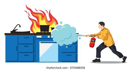 Man using a fire extinguisher to extinguish a fire from the kitchen