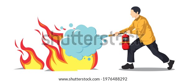 Man using\
a fire extinguisher to extinguish a fire\
