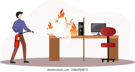 Un hombre usa un extintor para apagar un incendio en una Ilustración vectorial de trabajo de oficina, cómo usar un extintor para apagar un incendio, herramienta de seguridad de la industria, quemando en un trabajo de oficina