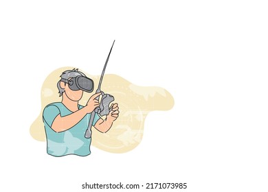 Man using fish rod controller for VR game. Vector illustration design