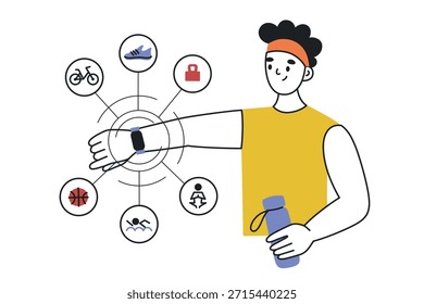 Man using fitness tracker, flat cartoon vector illustration for health, sport and technology design, athlete wearing bracelet device tracking running, cycling, swimming and gym workouts