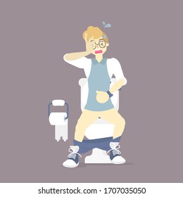 Mann mit Spültoilette, Magenschmerzen, Durchfall oder Verstopfung, Gesundheitsversorgung, Sanitäreinrichtungen, flacher Zeichentrickfilm Vektorillustration Zeichentrickfilm