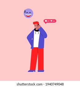 Man using gadget to chat in social media, flat vector illustration isolated.