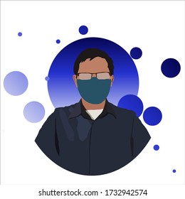 A man using glasses and masker like avatar profile with bubble, cirle, and gradient background night blue