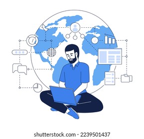 Man using global communication flat concept vector illustration. Editable 2D cartoon character on white for web design. Freelance work creative idea for website, mobile, presentation