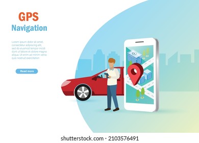 Man using GPS navigation on smartphone online find driving location and direction for street map. Smart global positioning system in transportation technology concept.