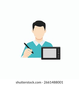 Man using a graphic tablet and pen.  Simple, flat design.