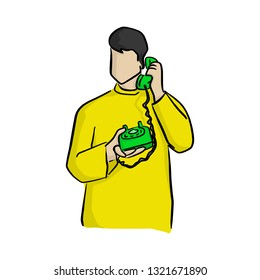 man using green desk telephone vector illustration with black lines isolated on white background