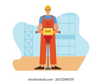 A man using a ground drilling machine, working at a construction site. Design character. Vector flat illustration