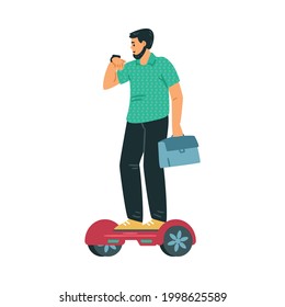 Hombre usando una motocicleta gyro para el transporte en la ciudad y el desplazamiento, ilustración vectorial plana aislada en fondo blanco. Transporte ecológico eléctrico alternativo personal.