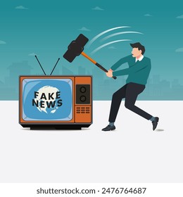 Man using a hammer destroy the television with fake news design vector illustration