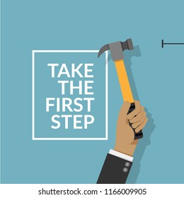 man using hammer and nail on the wall isolated on blue background with text take the first step. do it yourself home repair by man concept. vector illustration EPS10 with copy space , flat design
