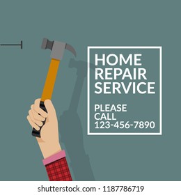 man using hammer and nail on the wall isolated on green background. do it yourself home repair concept. vector illustration EPS10 with copy space , flat design